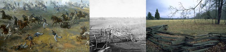collage: battle painting, photo after battle, photo of battlefield today